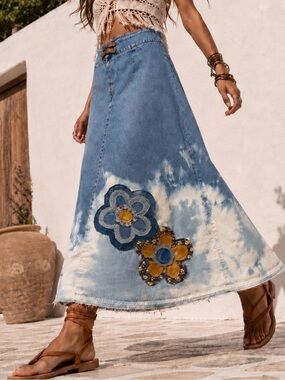 One of a Kind Upcycled Denim Maxi Skirt XL, Handmade Floral Patchwork Jean Skirt